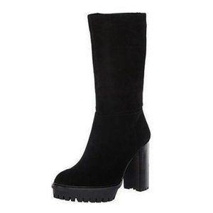 NWT Vince Camuto Eshitana Platform Boot Suede Mid Calf Lugged Sole Heels Black 8